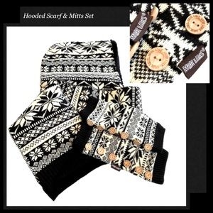 MUK LUKS Fair Isle Knit Set of Hooded Scarf and Fingerless Mittens